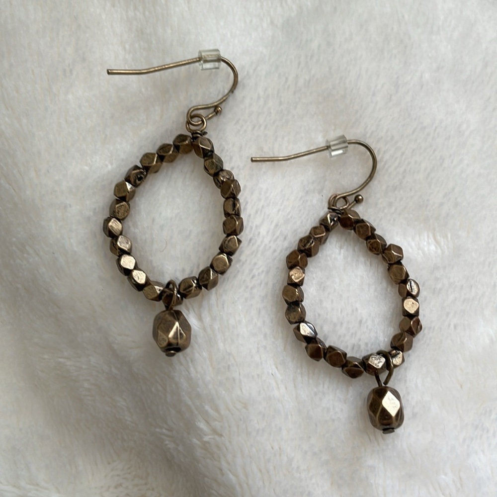Antiqued gold tone beaded hoop earrings, ~ 1.5” hang